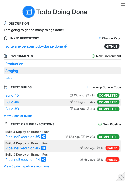 Screenshot of Application overview panel, including button to create new Pipeline