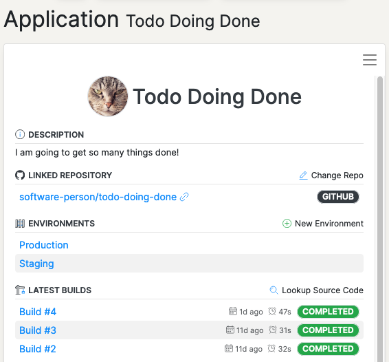 Screenshot showing Application overview with list of Builds