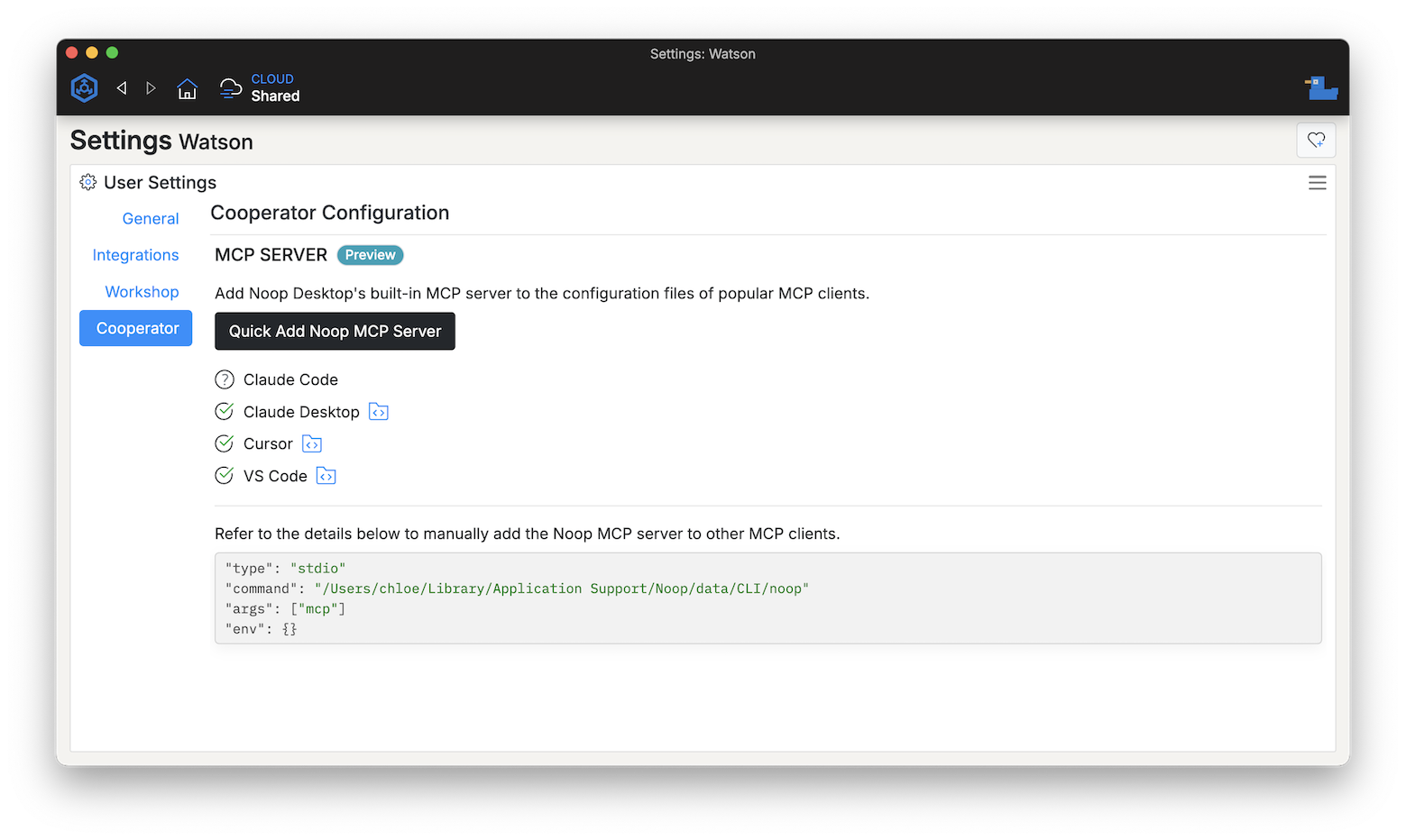 MCP template running within Noop Workshop