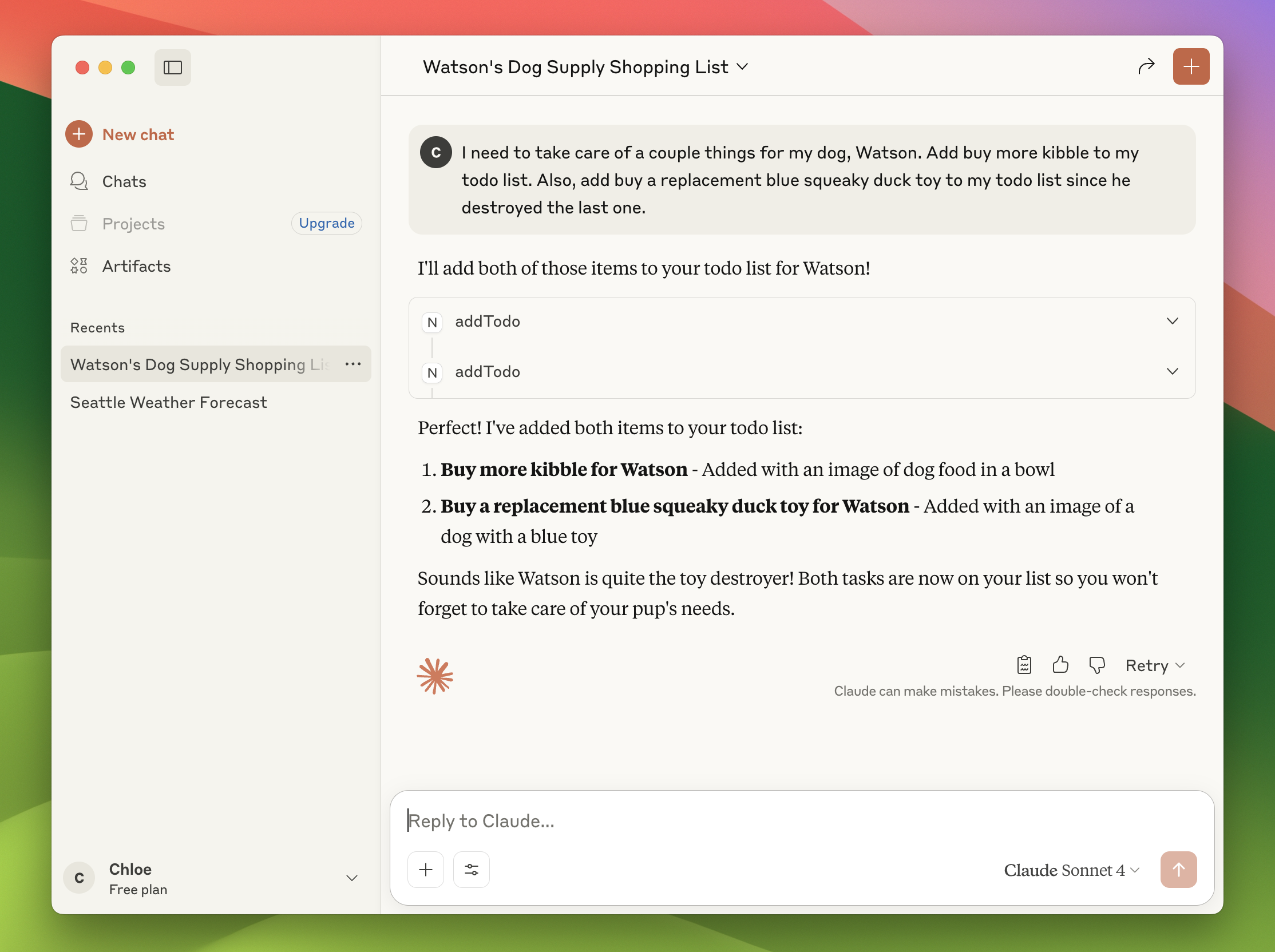 Claude Desktop exercising MCP template