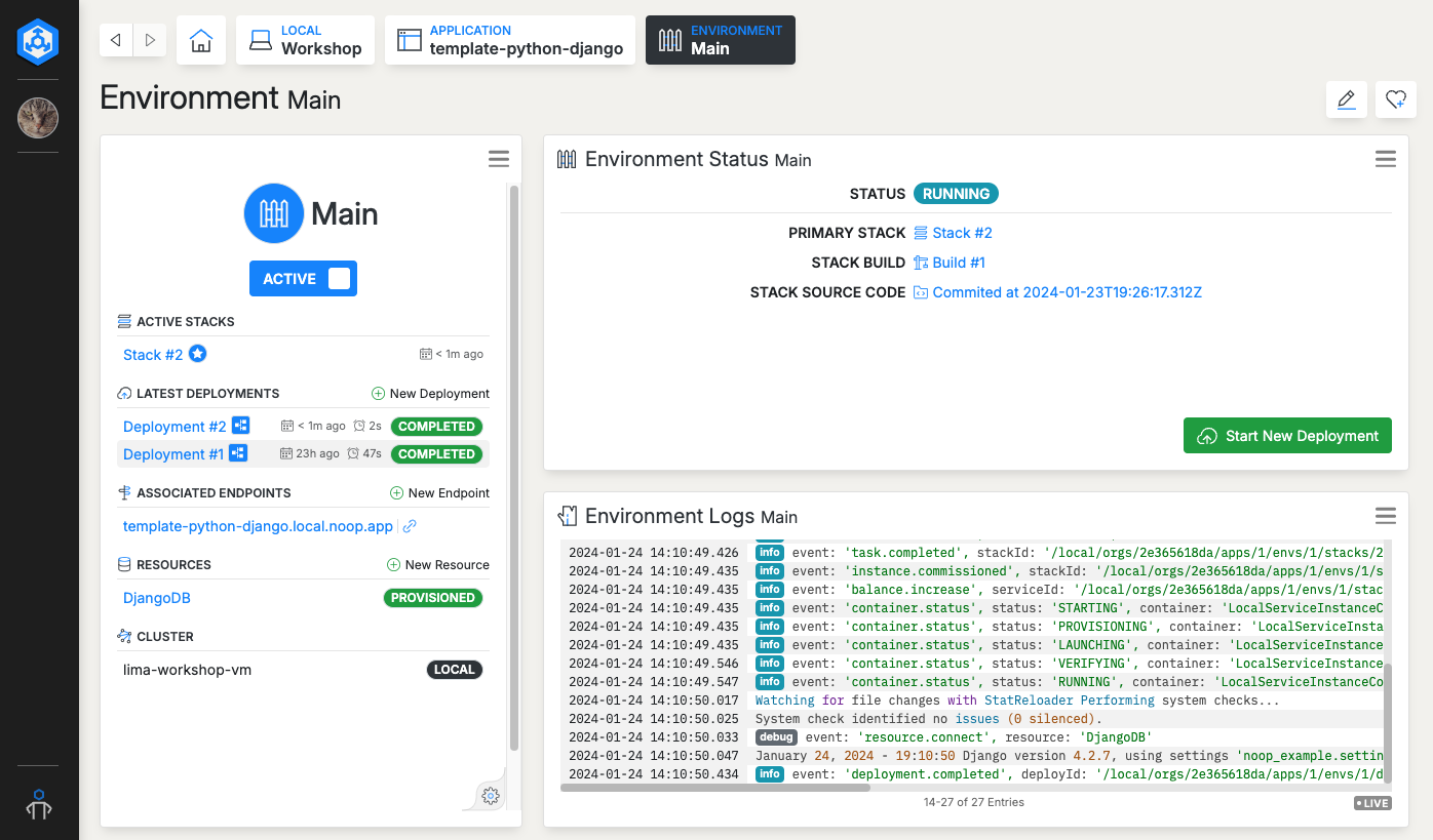 Screenshot of Noop Desktop showing Workshop dashboard